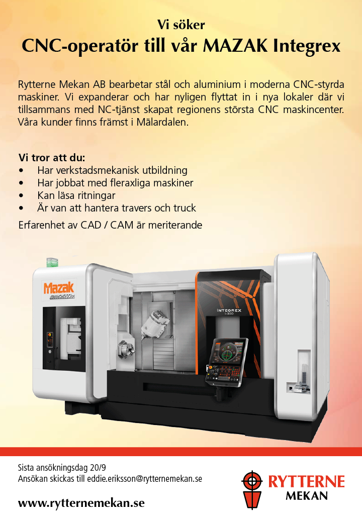 CNC-operatör sökes till Rytterne Mekan